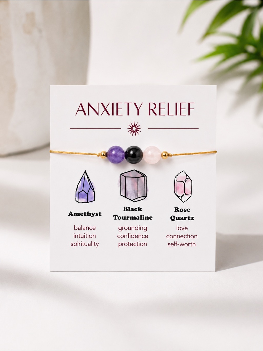 Anxiety Relief Gemstone Bracelet Amethyst Rose Quartz Tourmaline One Size Gold